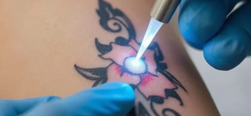 Abdomen with laser tattoo removal system attached.